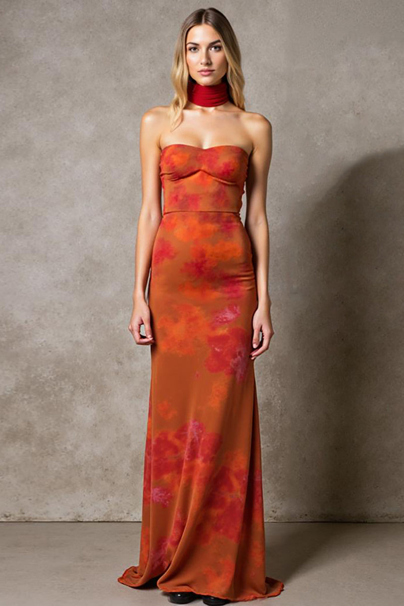Load image into Gallery viewer, Sheath Cabernet Strapless Printed Maxi Evening Dress With Sash
