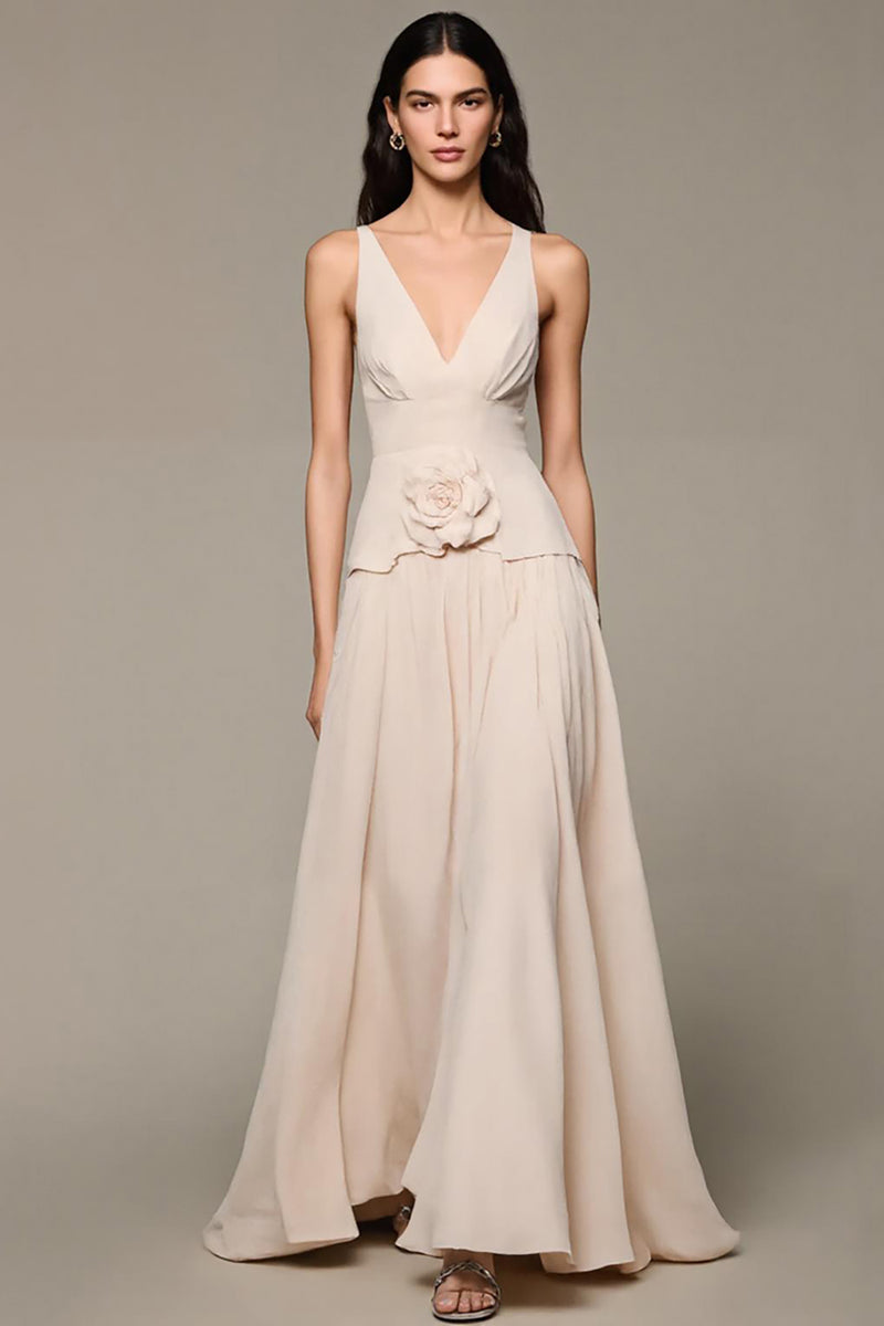 Load image into Gallery viewer, Apricot A-Line V-Neck Long Evening Dress With 3D Flowers