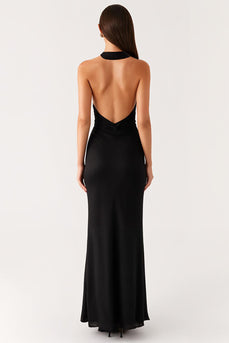 Sheath Halter Black Long Black Tie Dress