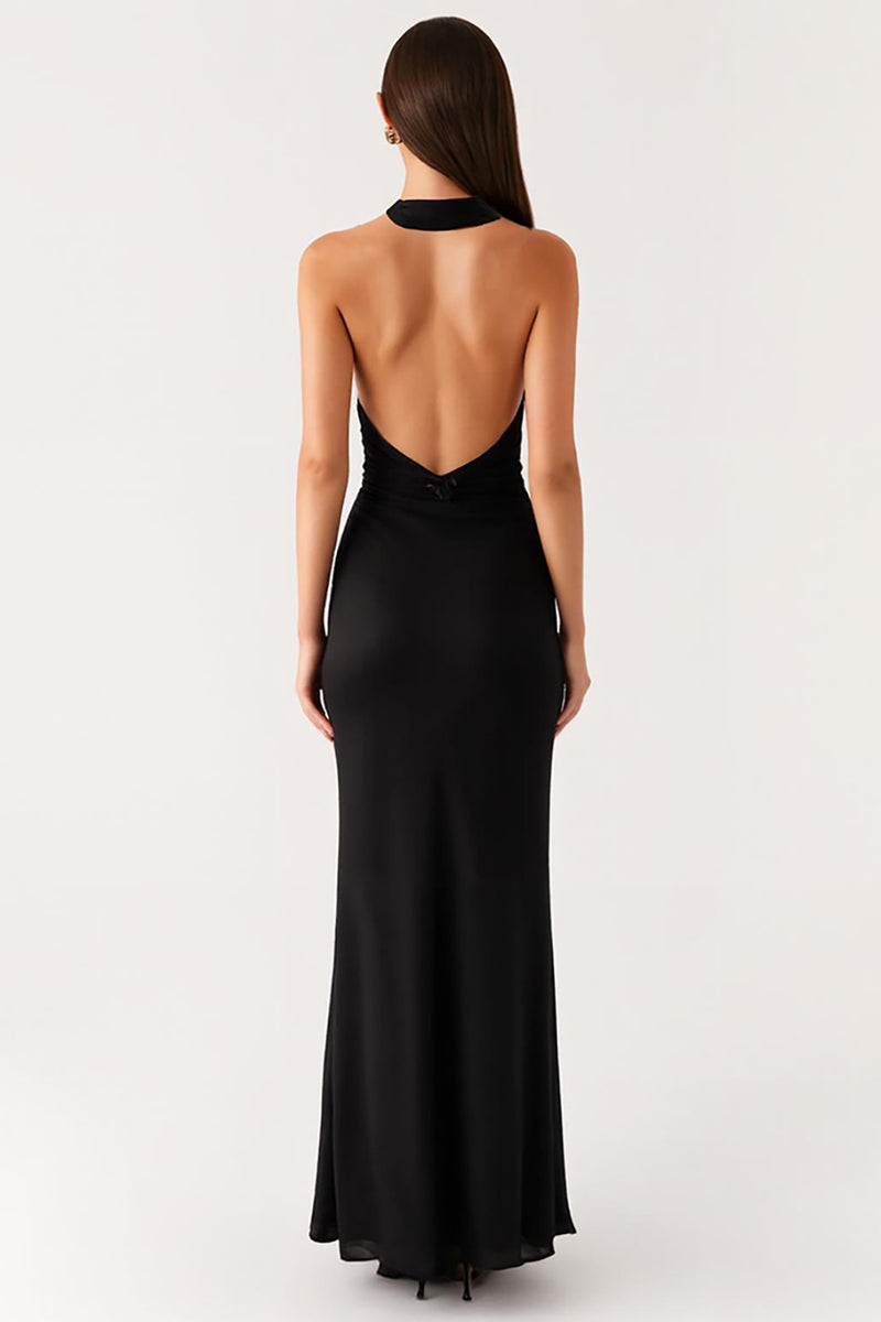 Load image into Gallery viewer, Sheath Halter Black Long Black Tie Dress