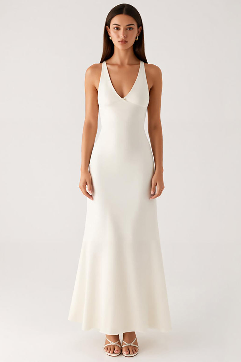 Load image into Gallery viewer, V-Neck Ivory Sheath Ankle Length Evening Dress