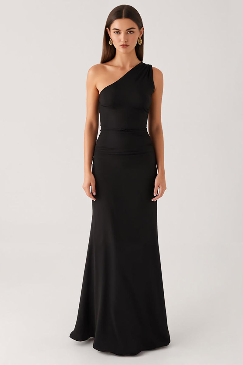 Load image into Gallery viewer, Sheath One Shoulder Black Evening Dress