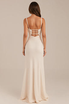 Ivory Sheath Ruched Evening Dress with Slit