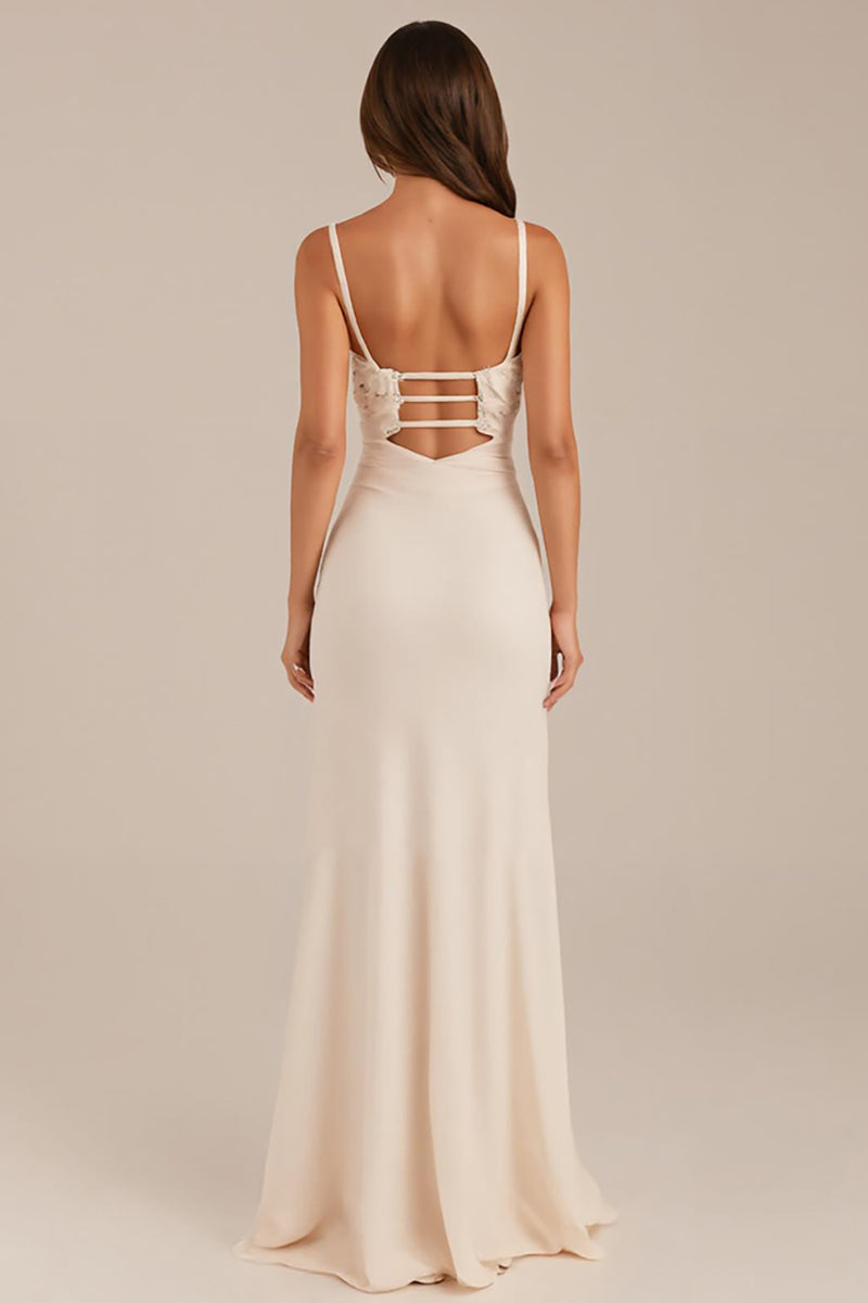Load image into Gallery viewer, Ivory Sheath Ruched Evening Dress with Slit