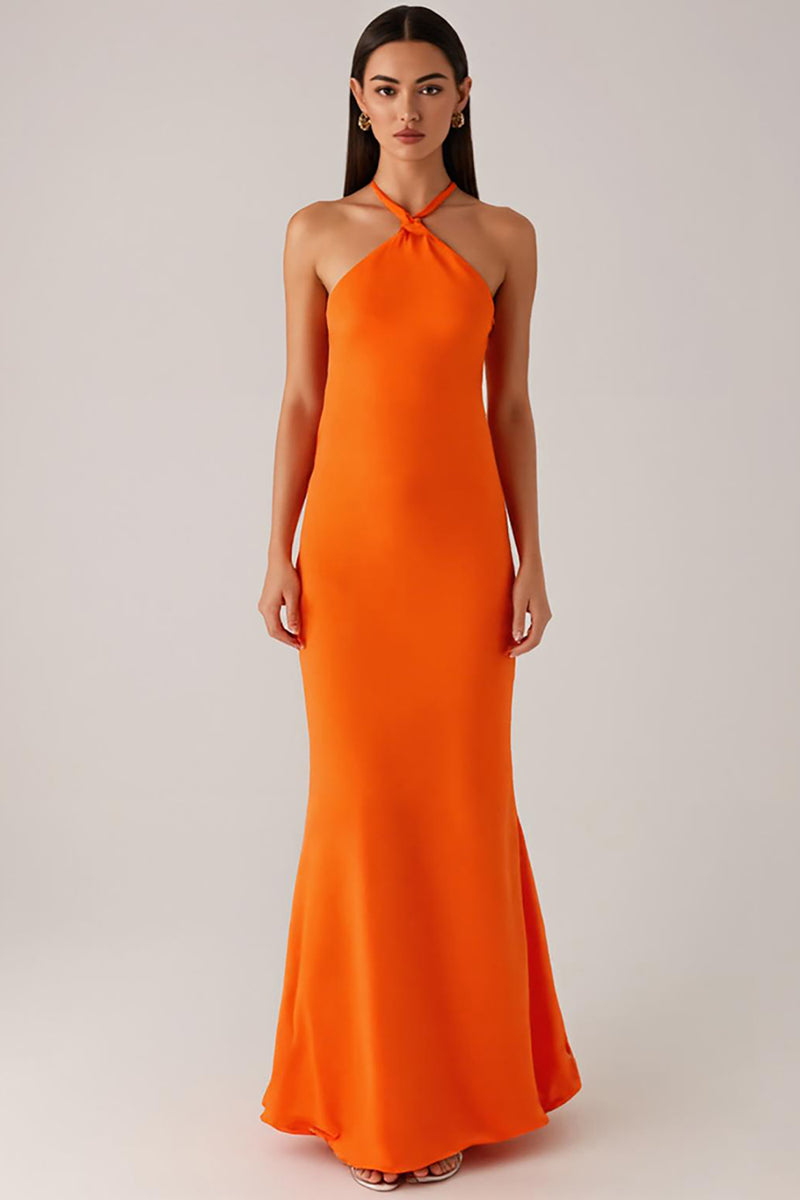 Load image into Gallery viewer, Halter Orange Sheath Backless Evening Dress