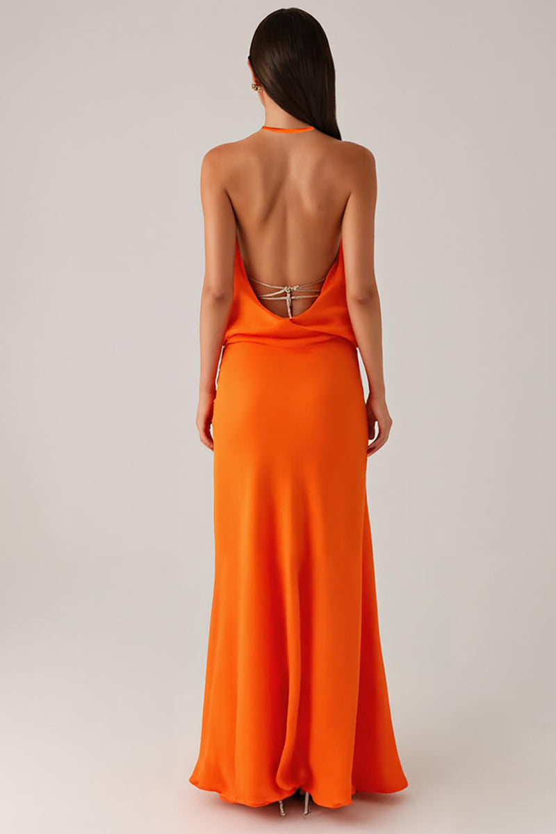 Load image into Gallery viewer, Halter Orange Sheath Backless Evening Dress