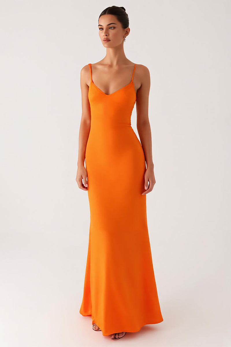 Load image into Gallery viewer, Halter Orange Sheath Lace Up Back Evening Dress