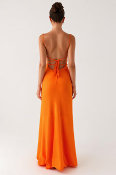 Halter Orange Sheath Lace Up Back Evening Dress