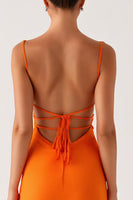 Load image into Gallery viewer, Halter Orange Sheath Lace Up Back Evening Dress
