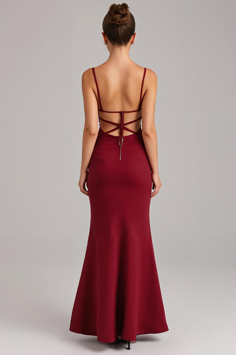 Load image into Gallery viewer, Burgundy Lace Up Back Mermaid Evening Dress