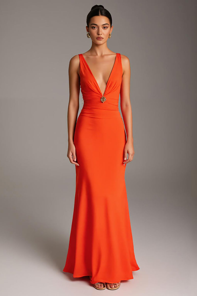 Load image into Gallery viewer, Orange Deep V-Neck Sheath Evening Dress