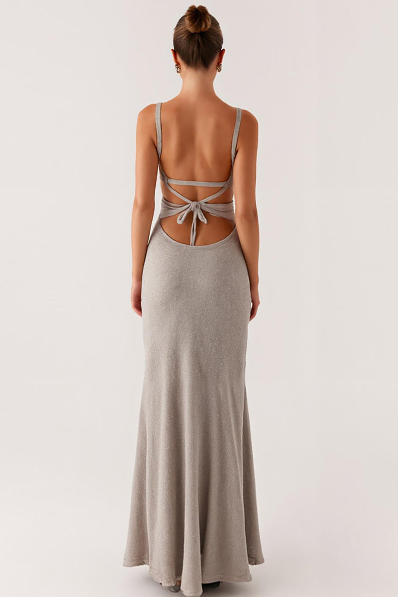 Load image into Gallery viewer, Grey Spaghetti Straps Lace Up Back Sheath Formal Dress