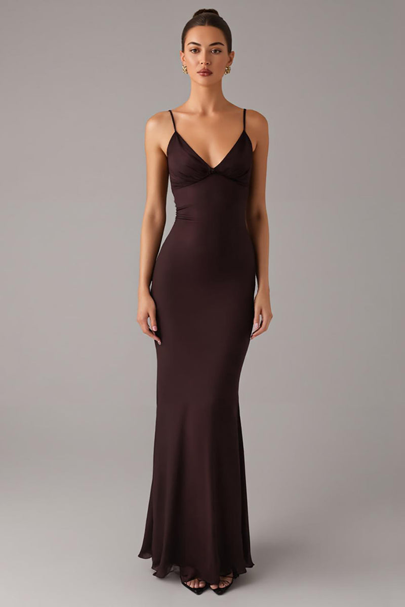Load image into Gallery viewer, Brown Sheath Spaghetti Straps Formal Dress