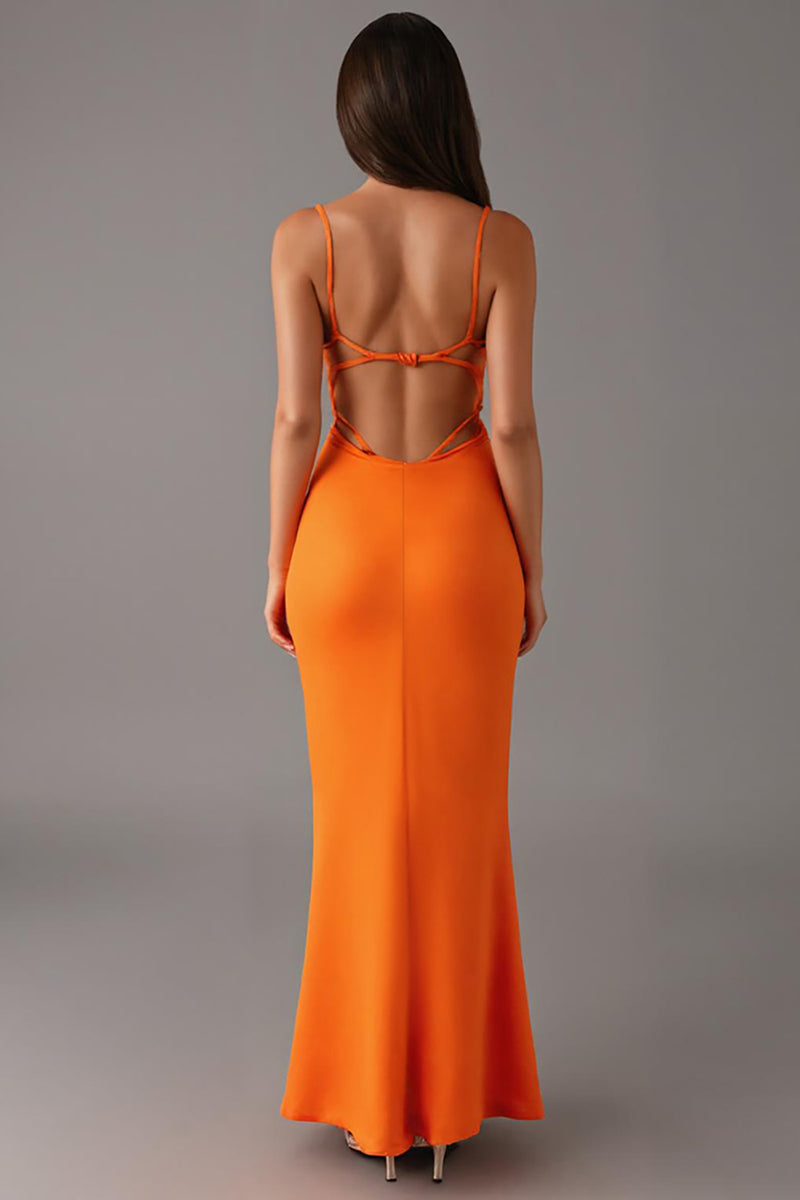 Load image into Gallery viewer, Orange Spaghetti Straps Sheath Formal Dress