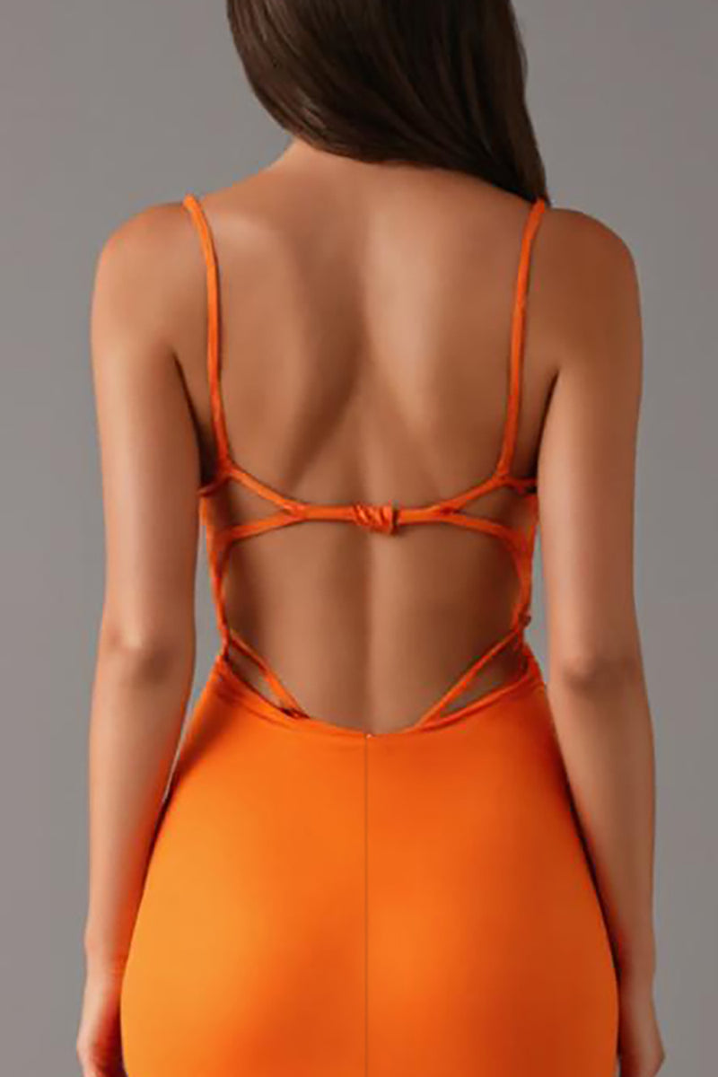 Load image into Gallery viewer, Orange Spaghetti Straps Sheath Formal Dress