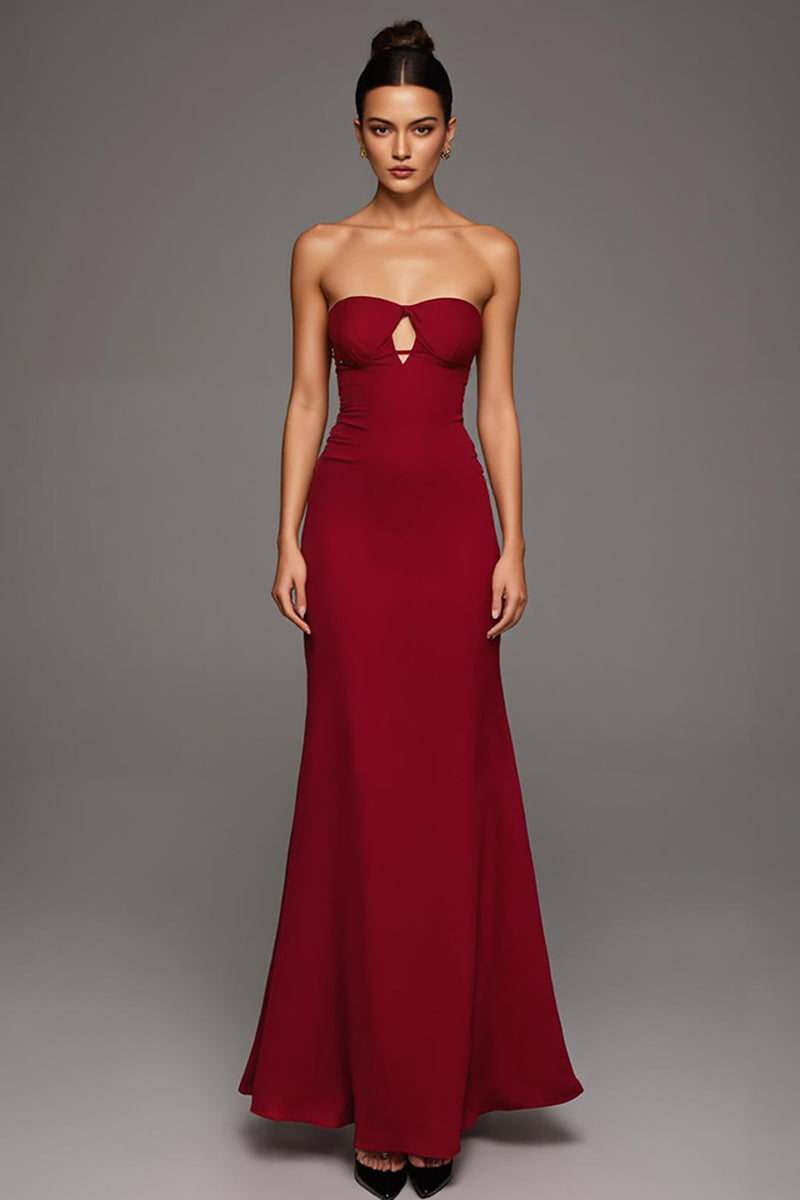 Load image into Gallery viewer, Strapless Red Cut Out Sheath Formal Dress