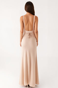 Apricot Deep V-Neck Sheath Ruched Formal Dress