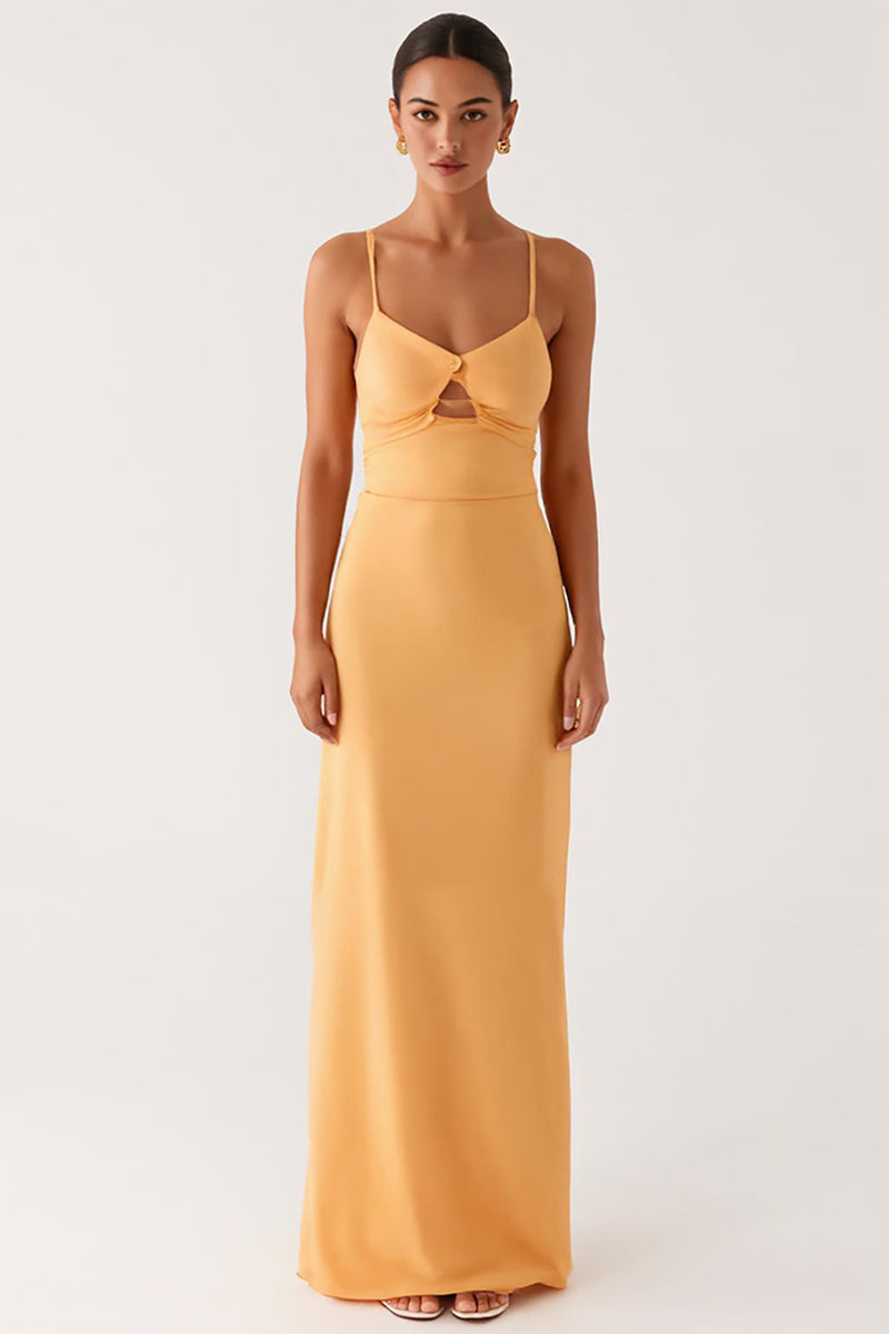 Load image into Gallery viewer, Yellow Cut Out Spaghetti Straps Sheath Formal Dress