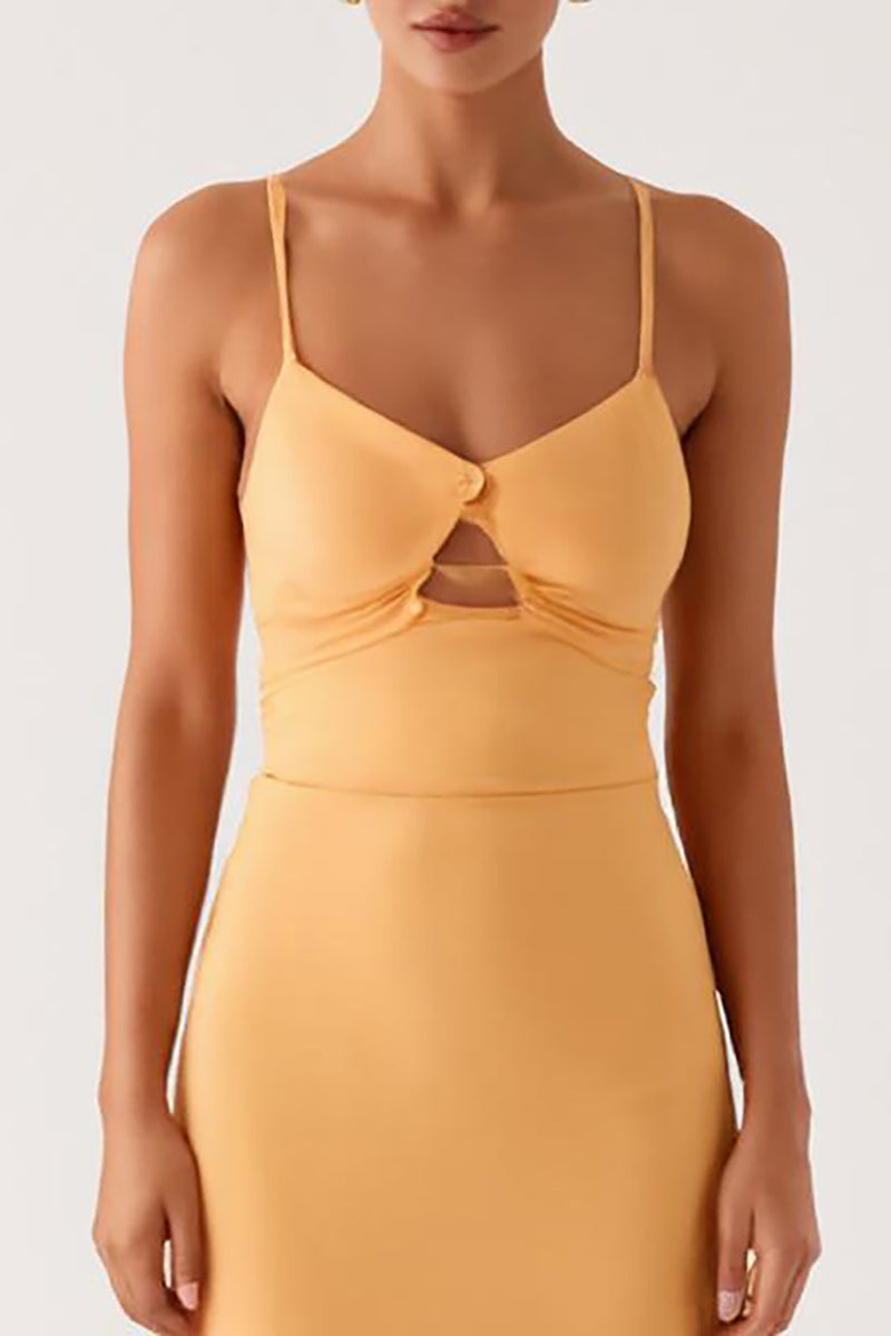 Load image into Gallery viewer, Yellow Cut Out Spaghetti Straps Sheath Formal Dress