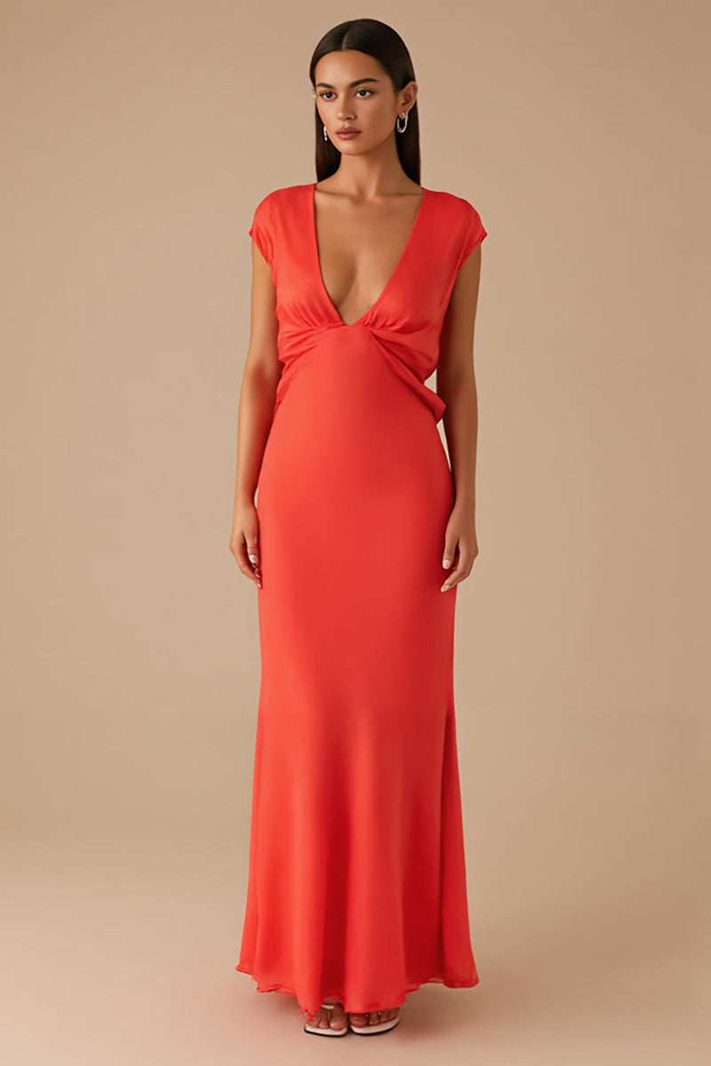 Load image into Gallery viewer, Orange V-Neck Chiffon Sheath Formal Dress