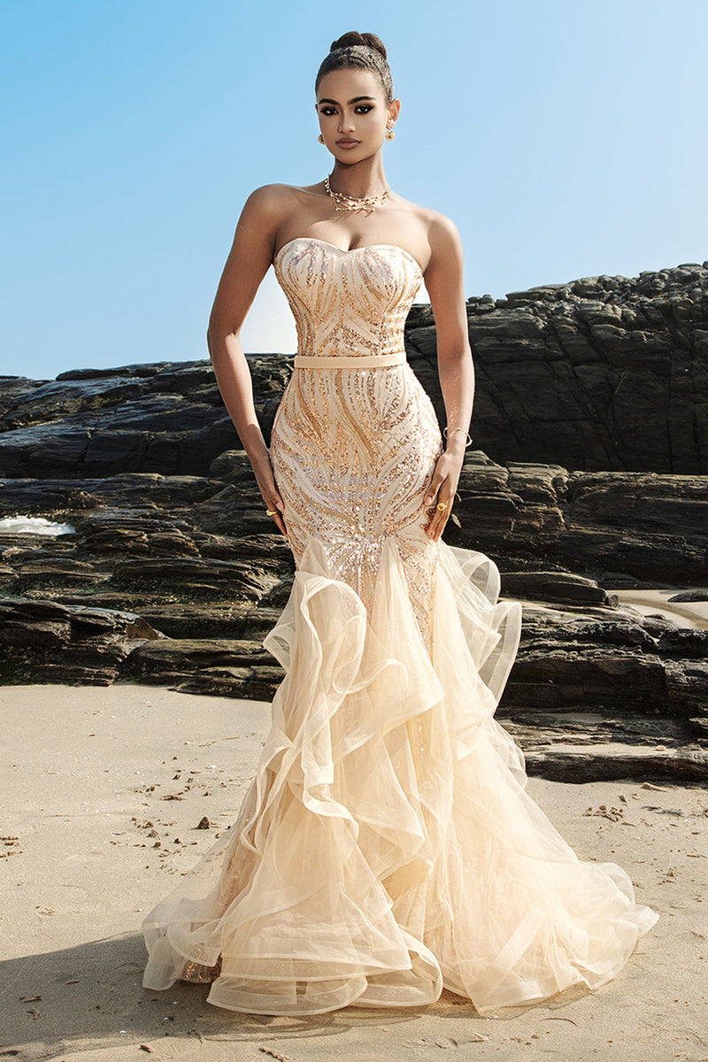 Load image into Gallery viewer, Strapless Mermaid Champagne Sequin Evening Dress with Ruffles