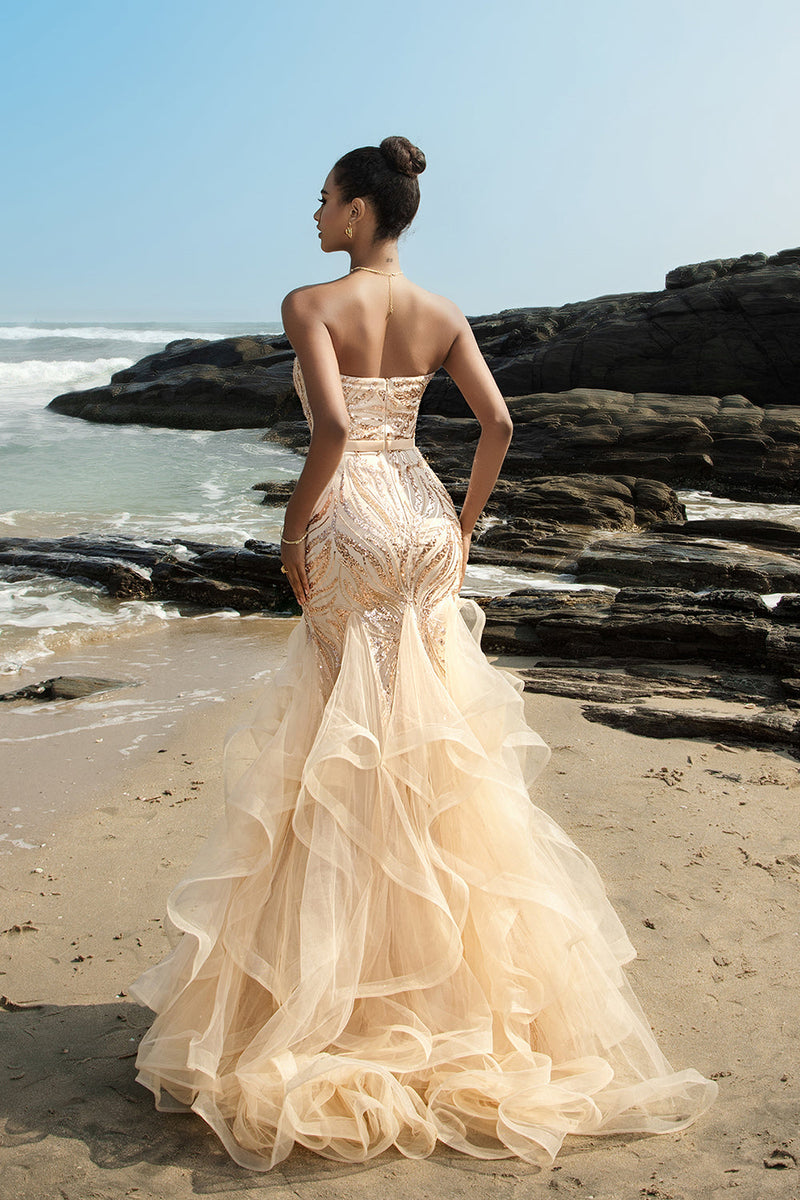 Load image into Gallery viewer, Strapless Mermaid Champagne Sequin Evening Dress with Ruffles