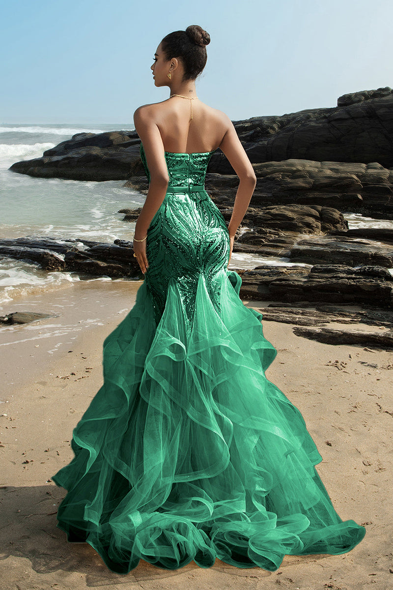 Load image into Gallery viewer, Strapless Mermaid Champagne Sequin Evening Dress with Ruffles