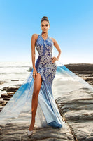 Load image into Gallery viewer, Blue Mermaid Sequin Halter Evening Dress with Slit