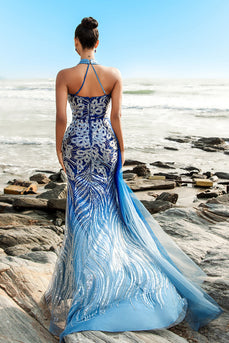 Blue Mermaid Sequin Halter Evening Dress with Slit