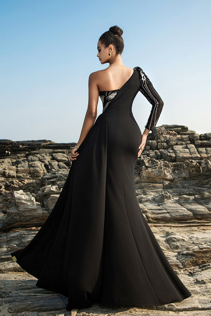 Load image into Gallery viewer, Black Sequin Mermaid One-Shoulder Evening Dress with Slit