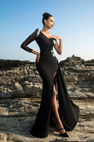 Load image into Gallery viewer, Black Sequin Mermaid One-Shoulder Evening Dress with Slit