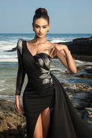 Load image into Gallery viewer, Black Sequin Mermaid One-Shoulder Evening Dress with Slit