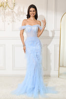 Load image into Gallery viewer, Off The Shoulder Light Blue Mermaid Corset Long Evening Dress