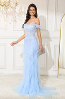 Load image into Gallery viewer, Off The Shoulder Light Blue Mermaid Corset Long Evening Dress