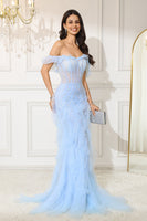 Load image into Gallery viewer, Off The Shoulder Light Blue Mermaid Corset Long Evening Dress