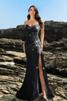 Load image into Gallery viewer, Shimmering Strapless Black Mermaid Evening Dress with Sequins