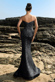 Shimmering Strapless Black Mermaid Evening Dress with Sequins
