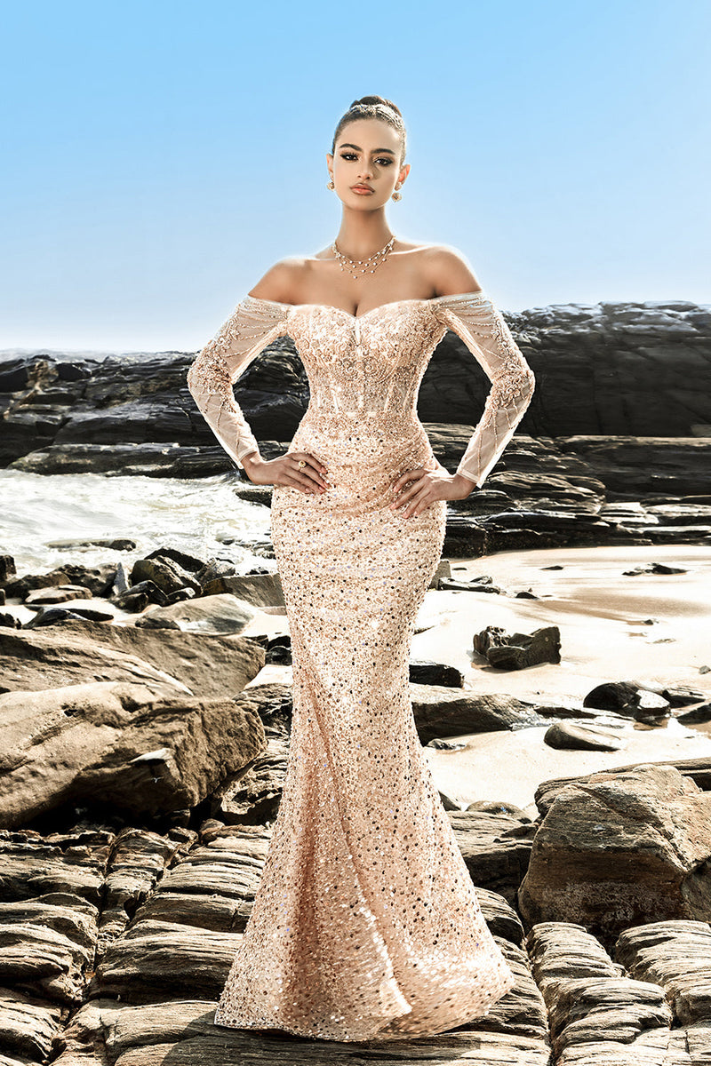 Load image into Gallery viewer, Champagne Off The Shoulder Mermaid Corset Evening Dress