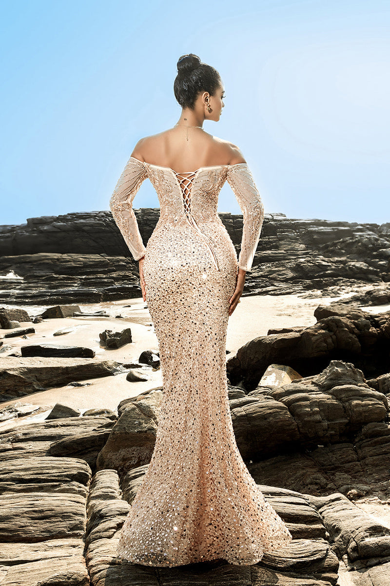 Load image into Gallery viewer, Champagne Off The Shoulder Mermaid Corset Evening Dress