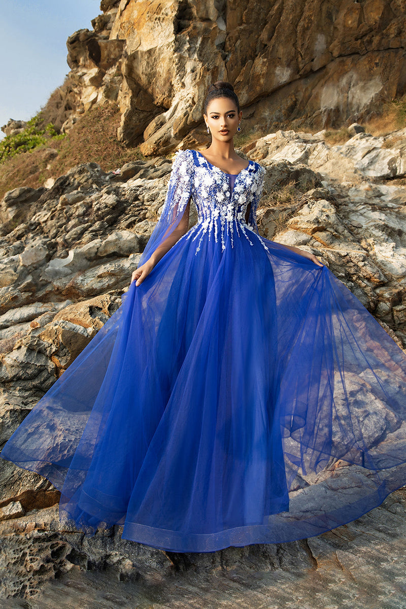 Load image into Gallery viewer, Royal Blue A Line Appliqued Tulle Evening Dress