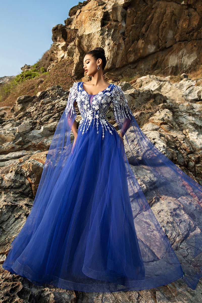Load image into Gallery viewer, Royal Blue A Line Appliqued Tulle Evening Dress