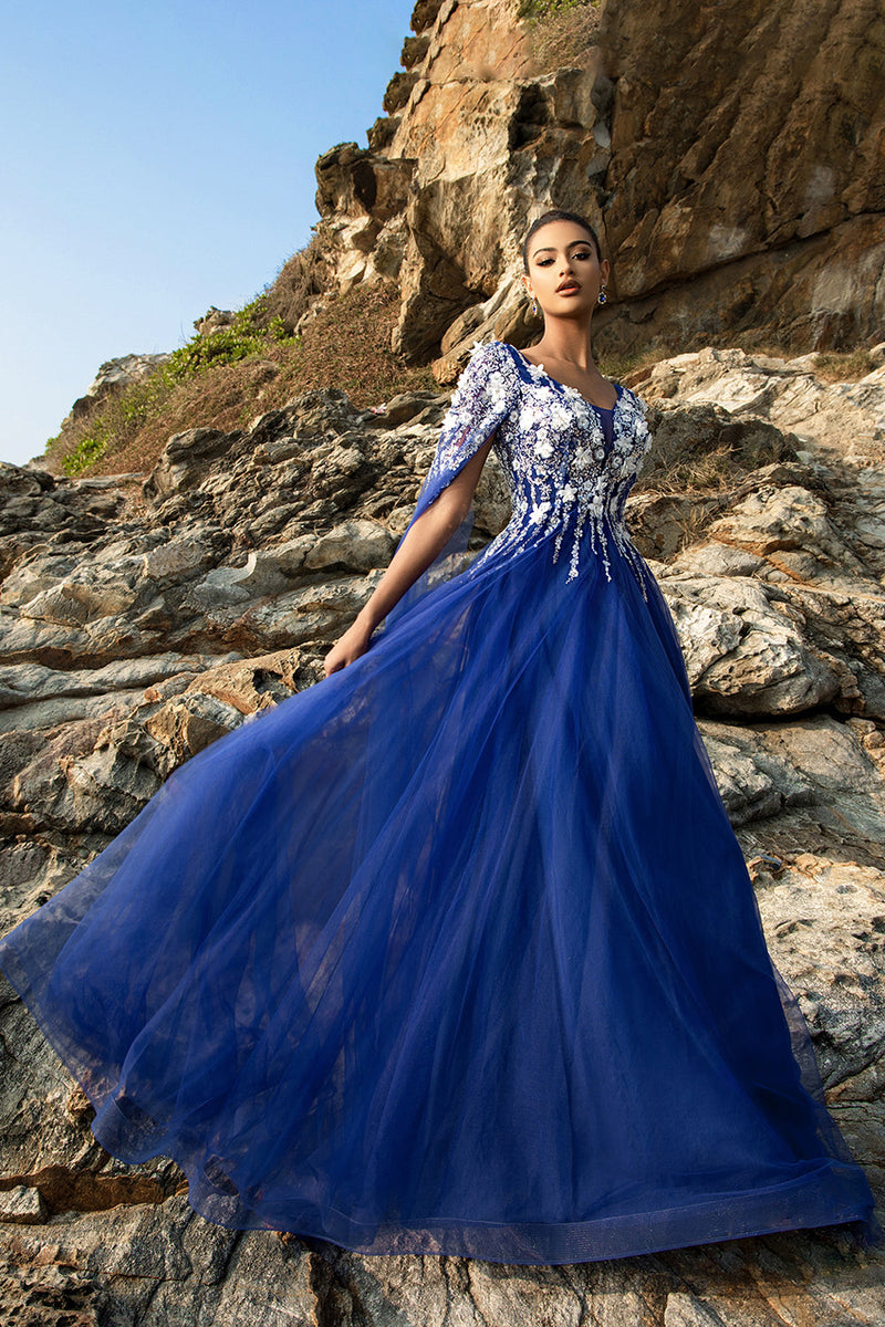 Load image into Gallery viewer, Royal Blue A Line Appliqued Tulle Evening Dress