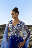 Load image into Gallery viewer, Royal Blue A Line Appliqued Tulle Evening Dress