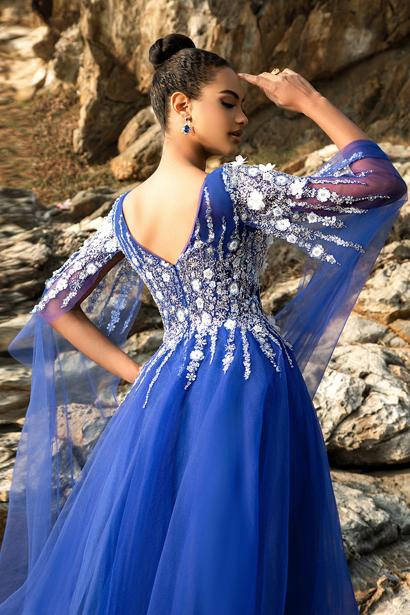 Load image into Gallery viewer, Royal Blue A Line Appliqued Tulle Evening Dress