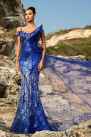 Load image into Gallery viewer, Glitter Royal Blue Mermaid Evening Dress with Streamer