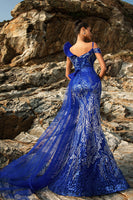 Load image into Gallery viewer, Glitter Royal Blue Mermaid Evening Dress with Streamer