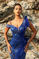 Load image into Gallery viewer, Glitter Royal Blue Mermaid Evening Dress with Streamer