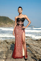 Load image into Gallery viewer, Burgundy Strapless Mermaid Evening Dress with Slit