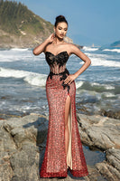 Load image into Gallery viewer, Burgundy Strapless Mermaid Evening Dress with Slit
