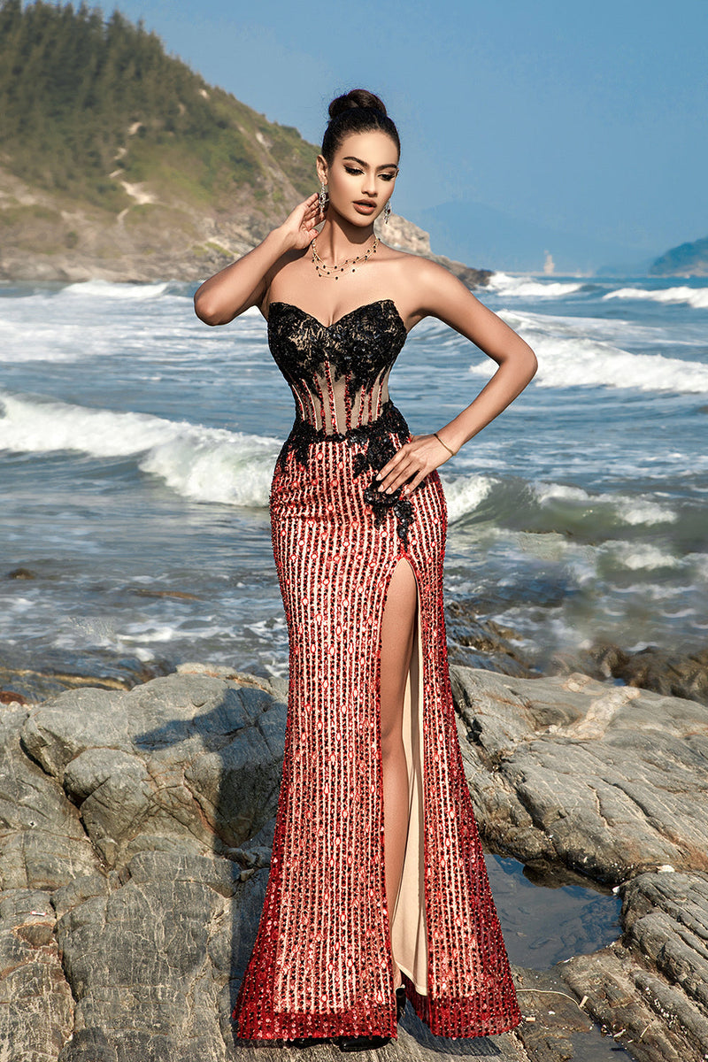 Load image into Gallery viewer, Burgundy Strapless Mermaid Evening Dress with Slit